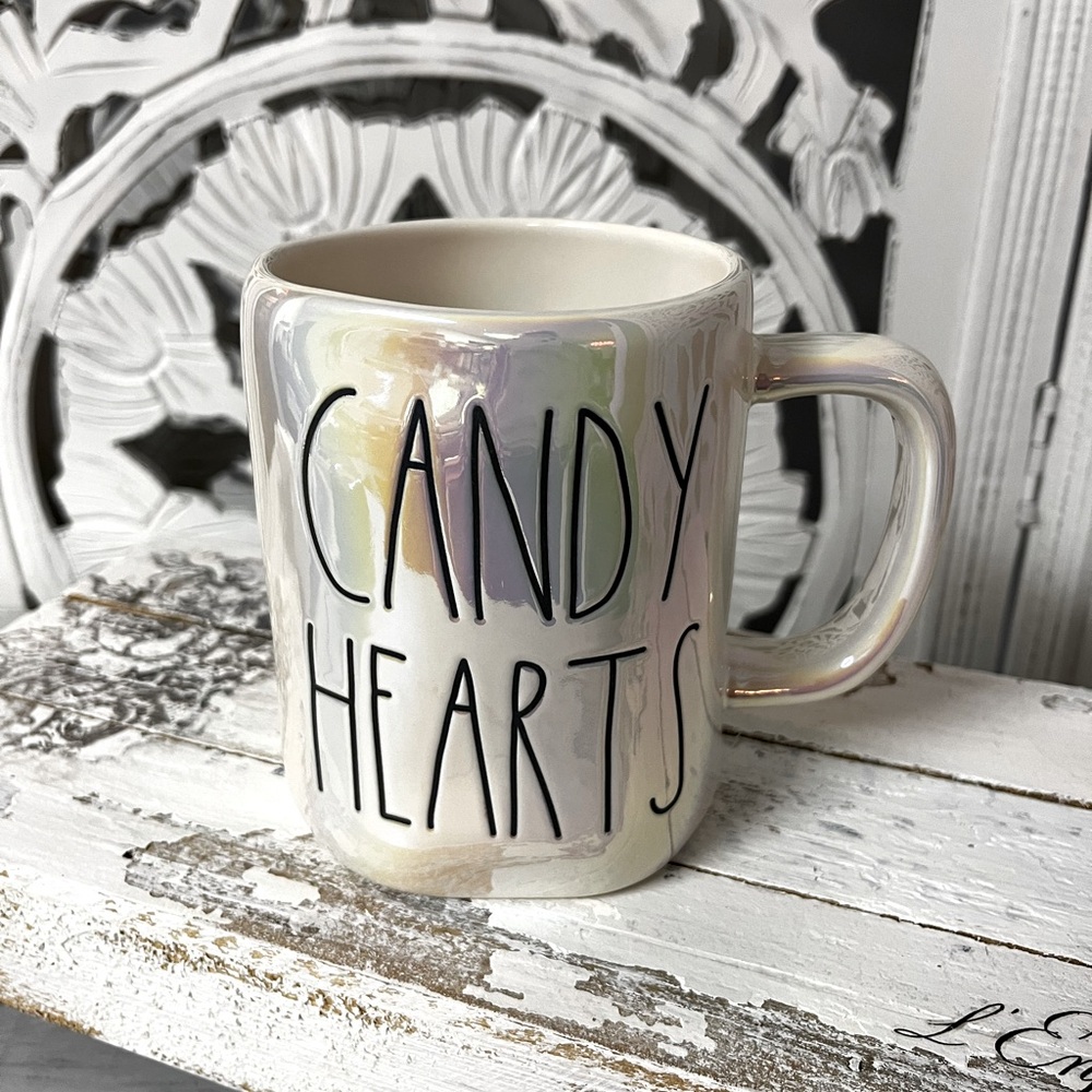Rae Dunn Iridescent Coffee Mug “Candy Hearts”, Valentines Day Mug, Rainbow Shine